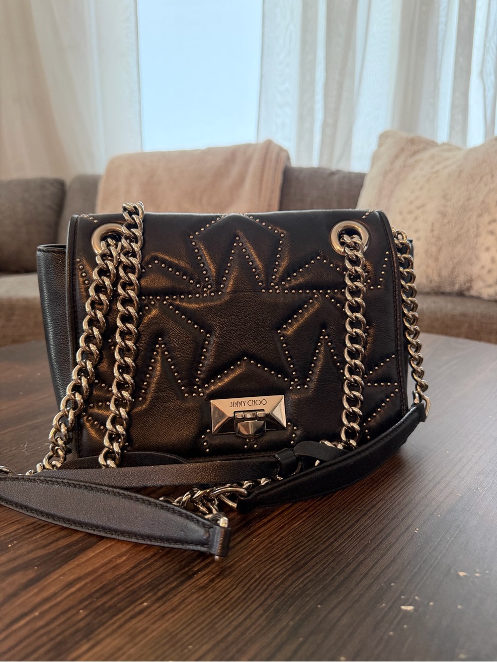 Jimmy Choo Black Quilted Star-Stud Leather Shoulder Bag with Chain Strap
